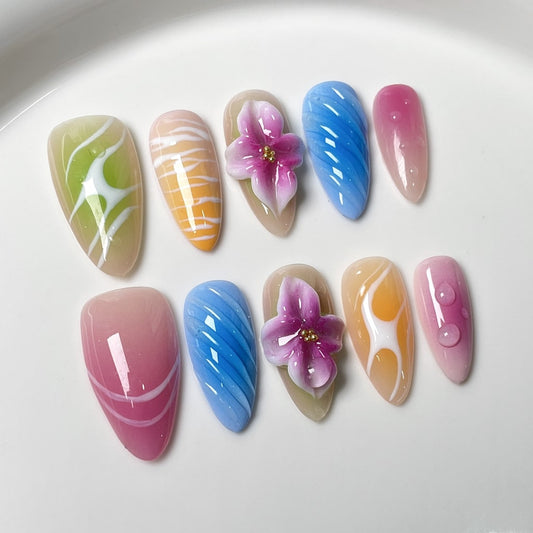 3D Flower nails with Gradient & Zebra-stripe Design,Irregular Lines,RJ