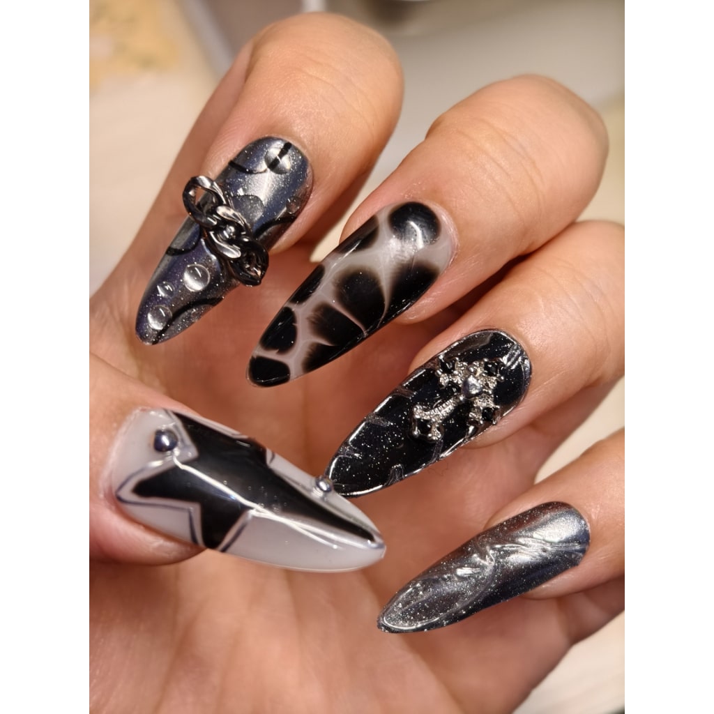 Y2K nails with Star Shaped Design,Chain,Pachinko,Rhinestone,Cross ,NK