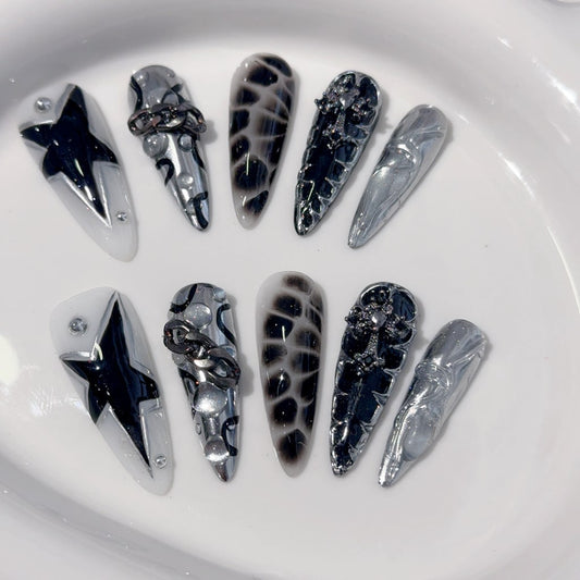Y2K nails with Star Shaped Design,Chain,Pachinko,Rhinestone,Cross ,NK