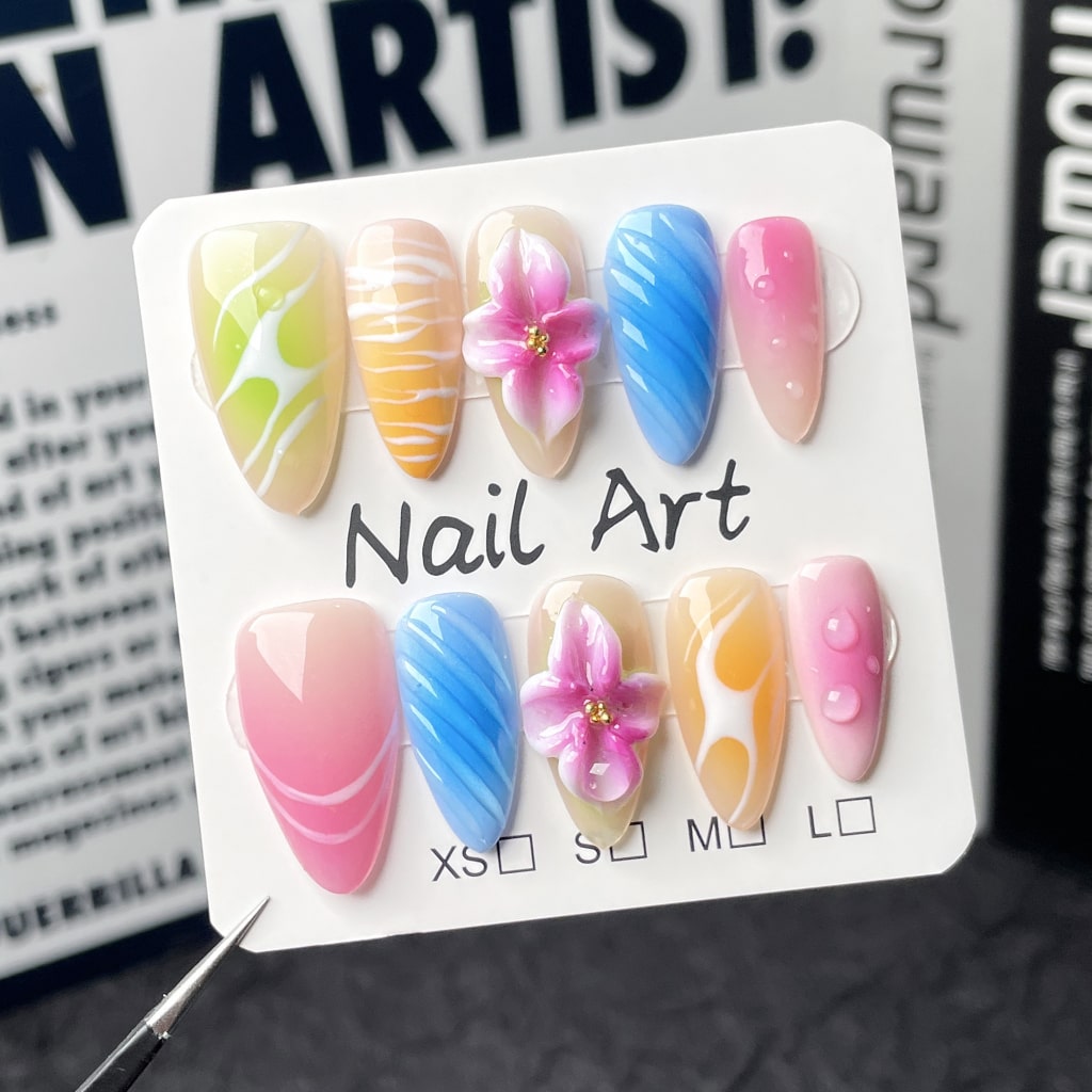 3D Flower nails with Gradient & Zebra-stripe Design,Irregular Lines,RJ