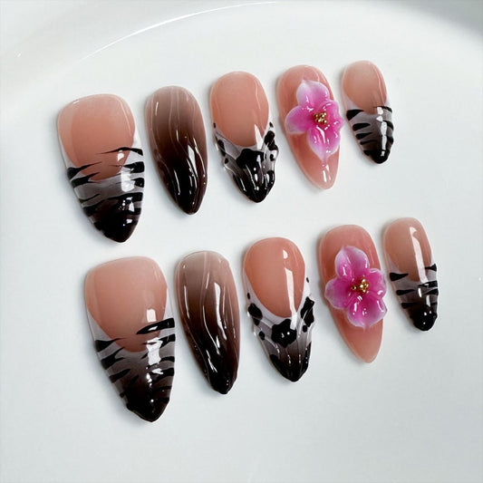 3D Flower nails with Gradient & Zebra-stripe & French & Leopard Print Design,RJ