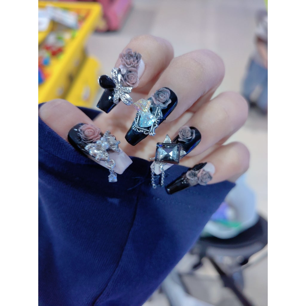 Black-pink nails with Ombre Rose Flower & Bow & Cross Charms , Long Chain ,NK