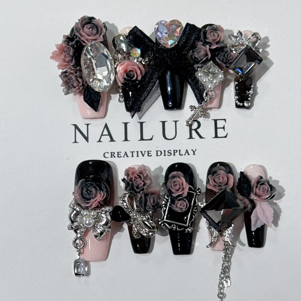 Black-pink nails with Ombre Rose Flower & Bow & Cross Charms , Long Chain ,NK