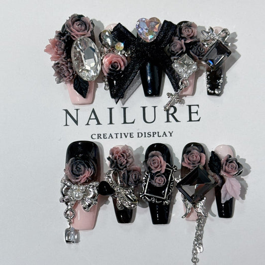 Black-pink nails with Ombre Rose Flower & Bow & Cross Charms , Long Chain ,NK