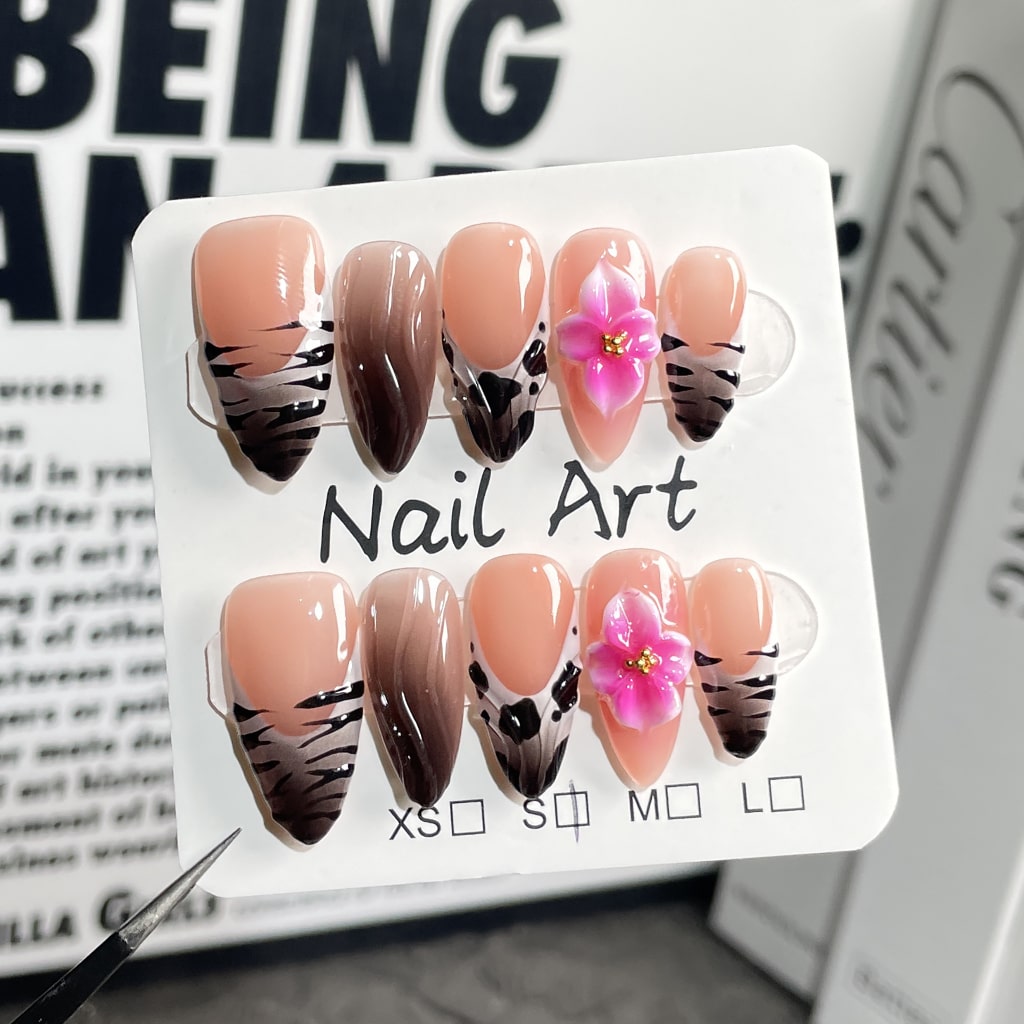 3D Flower nails with Gradient & Zebra-stripe & French & Leopard Print Design,RJ