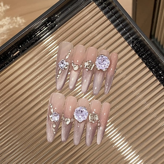 Pink Long-Thin nails with Heart & Star Rhinestone,Glitter,Cat Eye Design ,YZG