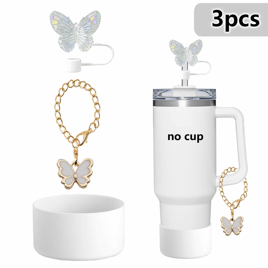 Stanley Cups Accessories With Straw Toppers & Butterfly Chains & Silicone cup holder,3pcs one set