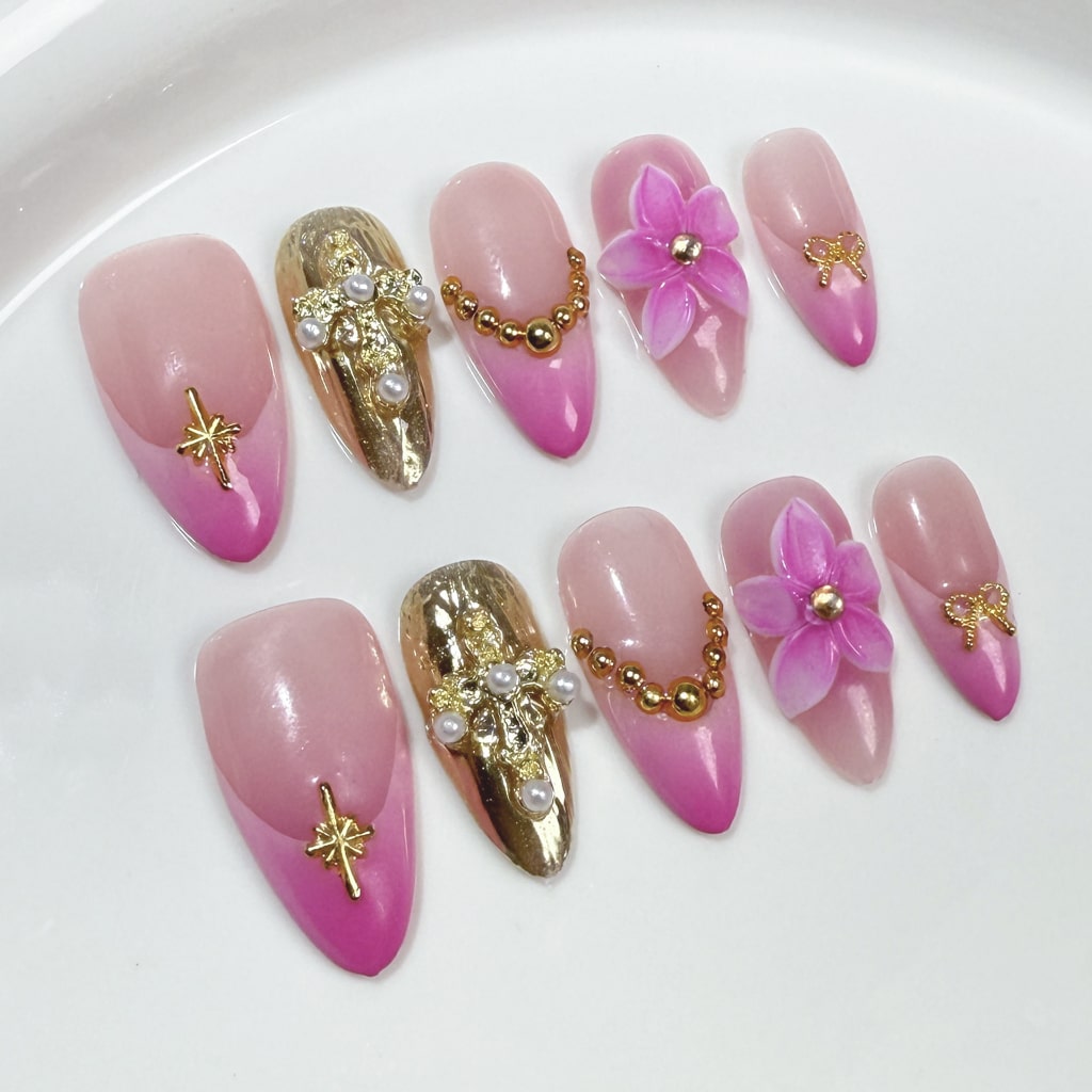 Pink & Gold 3D Flower nails with Gradient &  French Design,Glitter,Bow,Preal,RJ