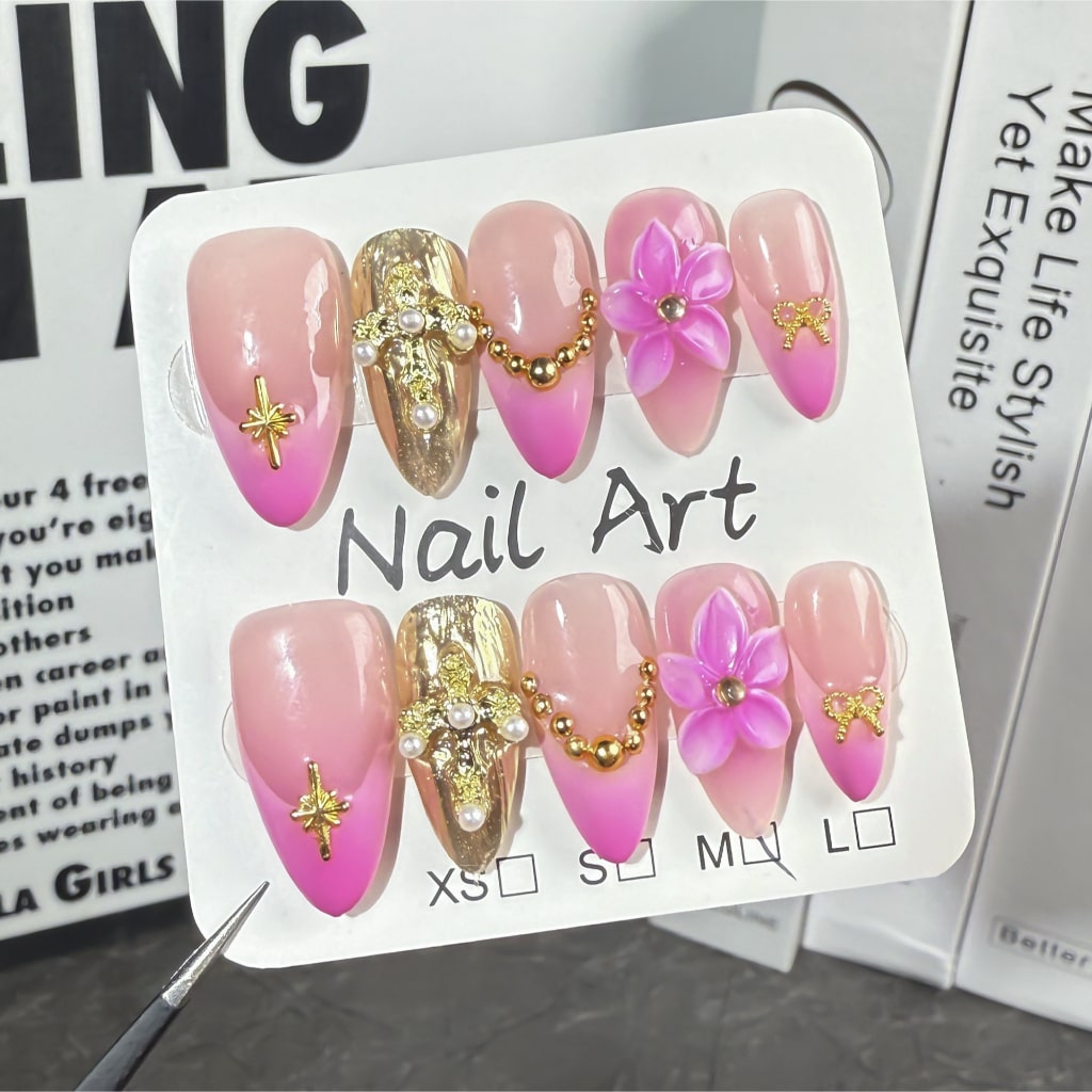 Pink & Gold 3D Flower nails with Gradient &  French Design,Glitter,Bow,Preal,RJ
