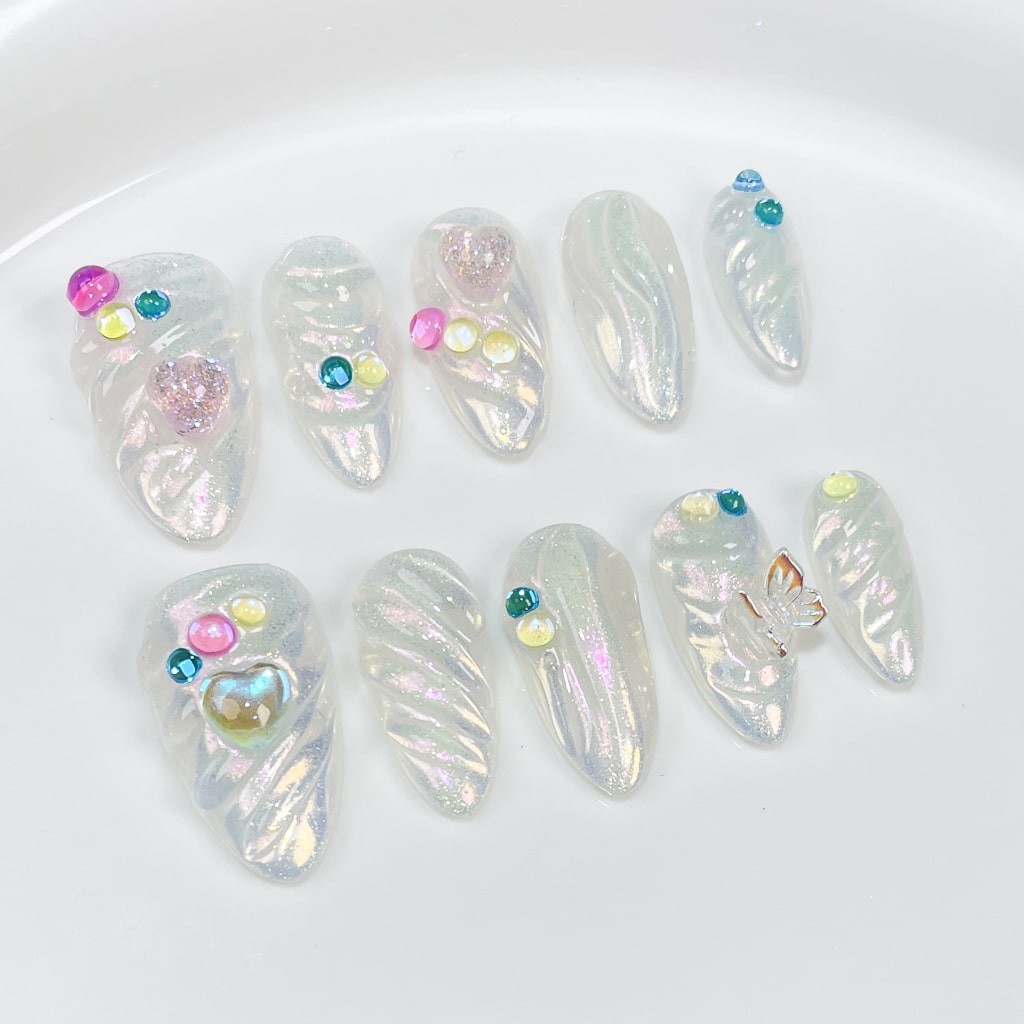 3D UV White nails with Glitter,Heart Rhinestone,RJ
