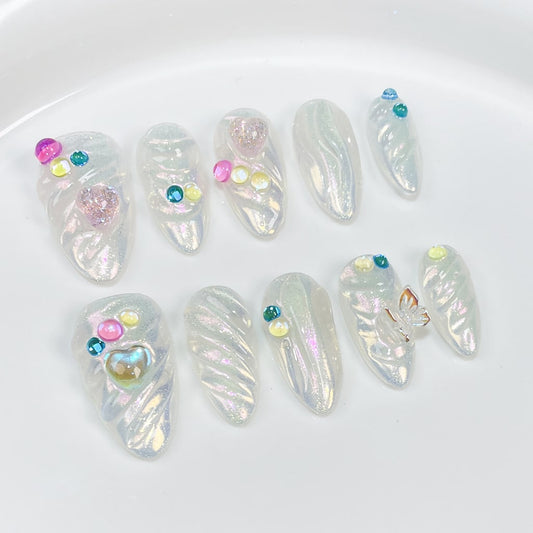 3D UV White nails with Glitter,Heart Rhinestone,RJ