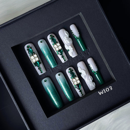 3D Long Square nails with White Flower & Green Rhinestone,CY