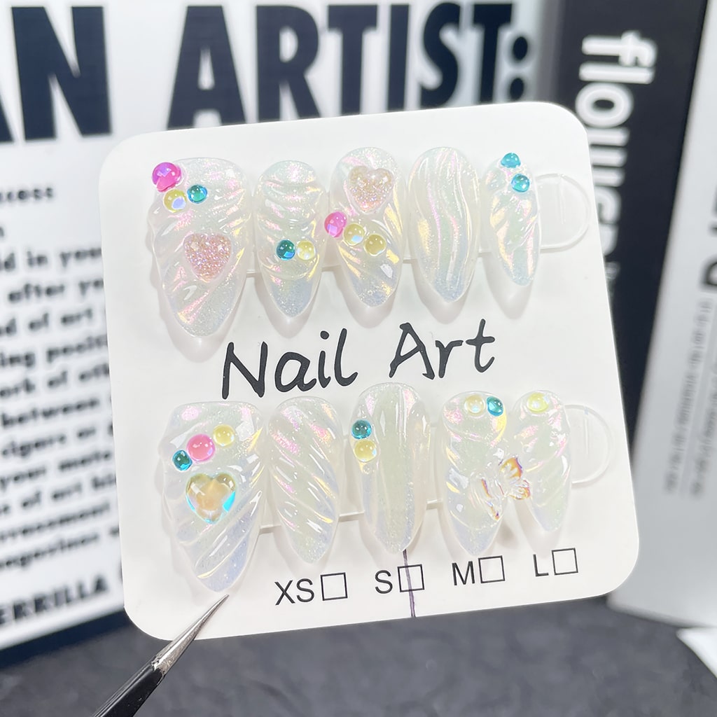 3D UV White nails with Glitter,Heart Rhinestone,RJ