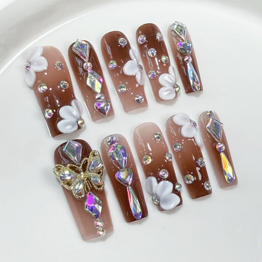 3D Flower Brown Square nails with Gradient Design,AB Rhinestone,Butterfly Charms,RJ