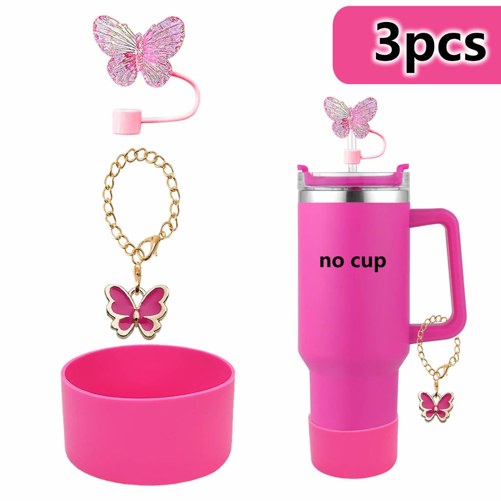 Stanley Cups Accessories With Straw Toppers & Butterfly Chains & Silicone cup holder,3pcs one set