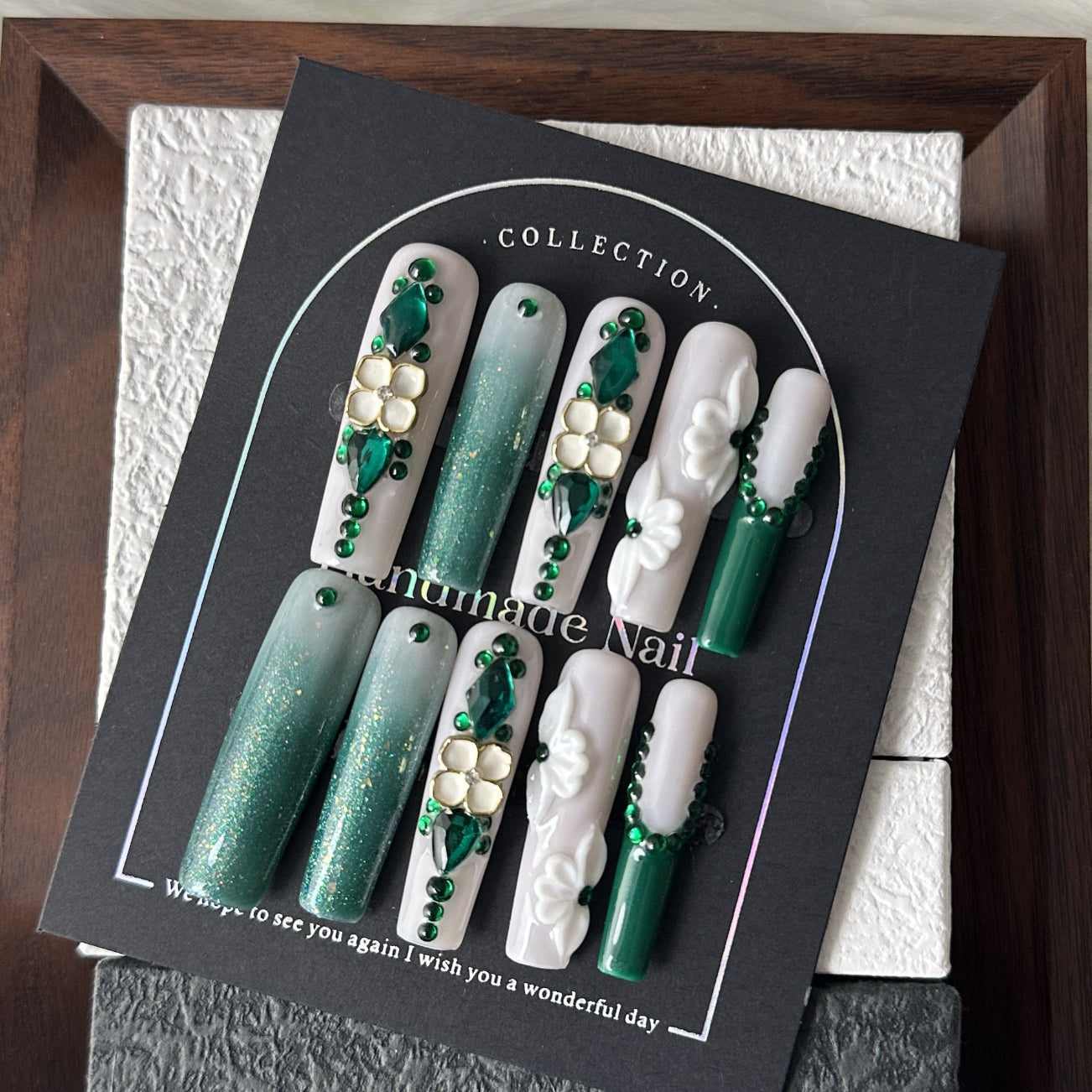 3D Long Square nails with White Flower & Green Rhinestone,CY