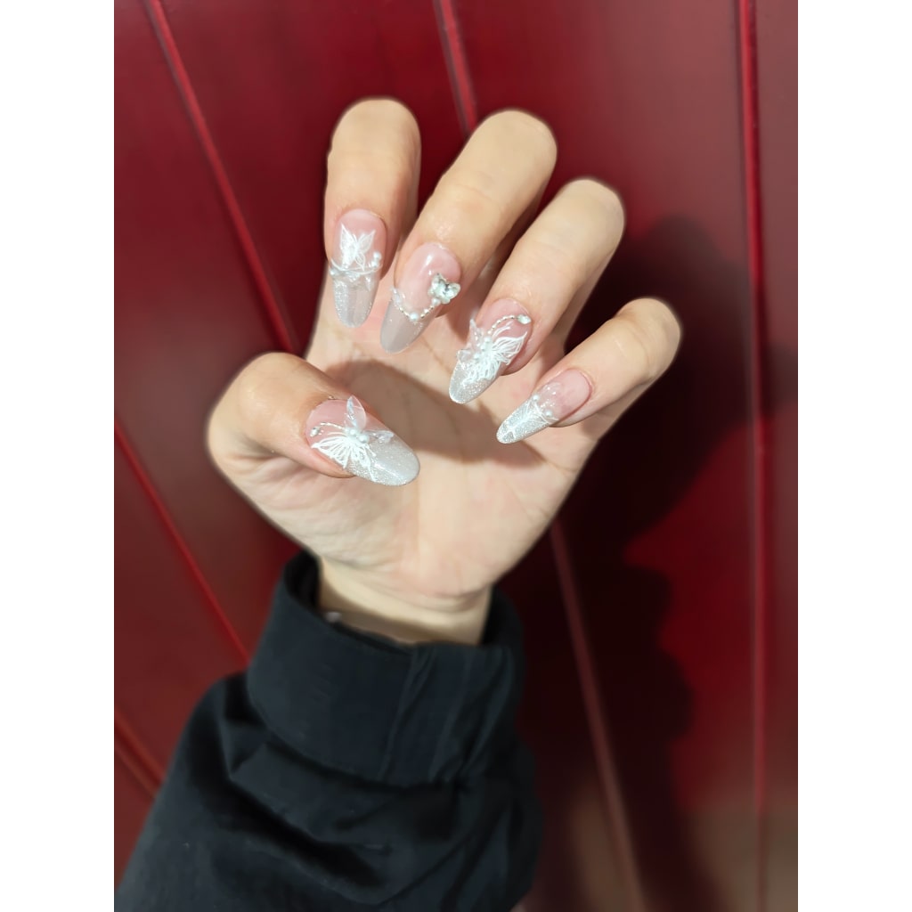 Nude nails with Rhinestone,Butterfly & Gradient Design,Butterfly Charms ,YZG
