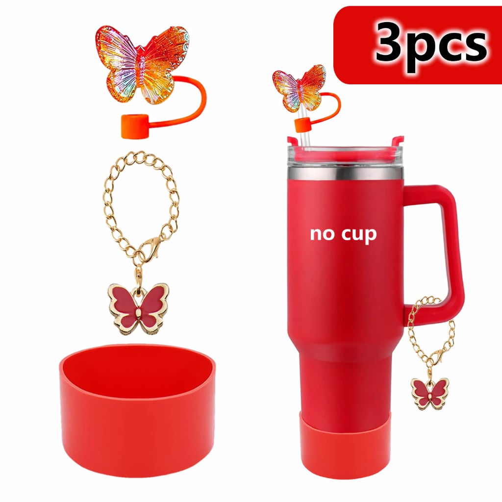Stanley Cups Accessories With Straw Toppers & Butterfly Chains & Silicone cup holder,3pcs one set