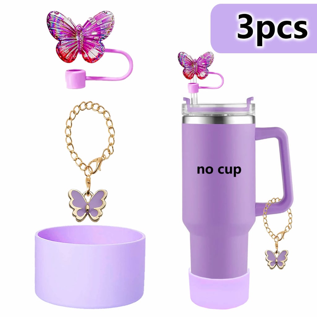 Stanley Cups Accessories With Straw Toppers & Butterfly Chains & Silicone cup holder,3pcs one set