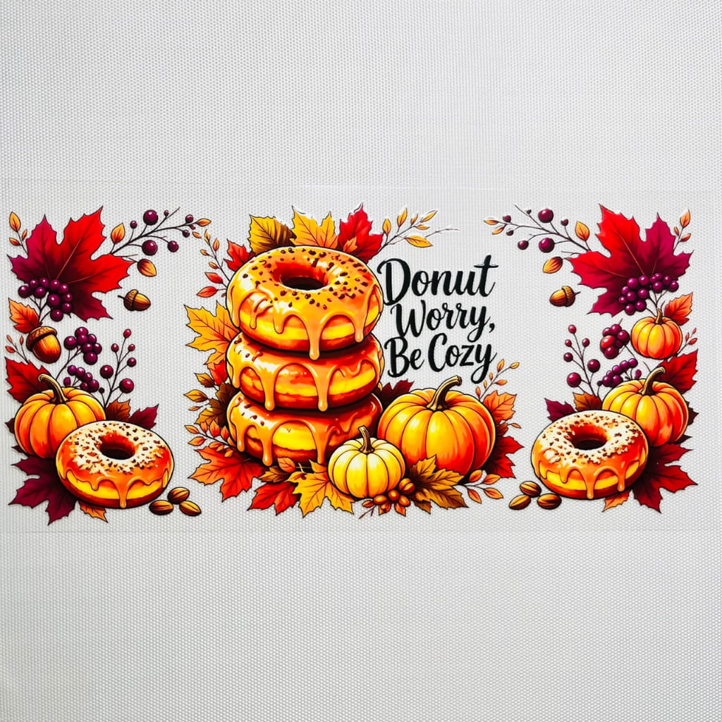 16oz UVDTF Cup Wraps,Cartoon , Fall & Autumn Vibes, Donut Worry ,Be Crazy. Positive Words