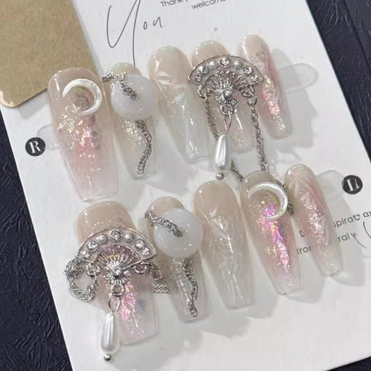 Pink Bamboo nails with Fan Accessories and Long Chains ,Moon Charms,China Style ,NK