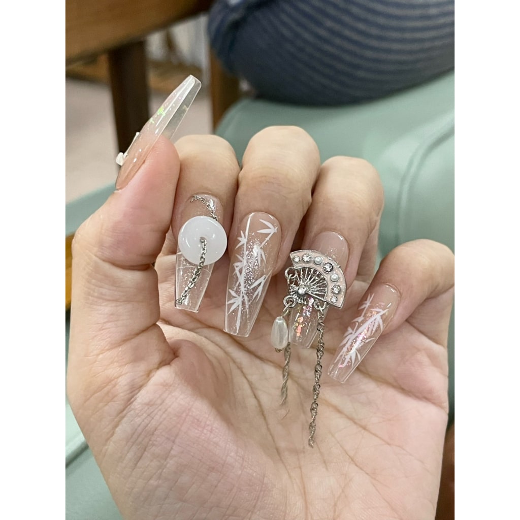 Pink Bamboo nails with Fan Accessories and Long Chains ,Moon Charms,China Style ,NK