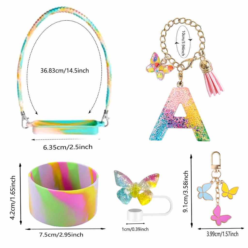 Rainbow Stanley Cups Accessories With Straw Toppers & Butterfly Chains & Silicone cup holder & Letter Chains,5pcs one set