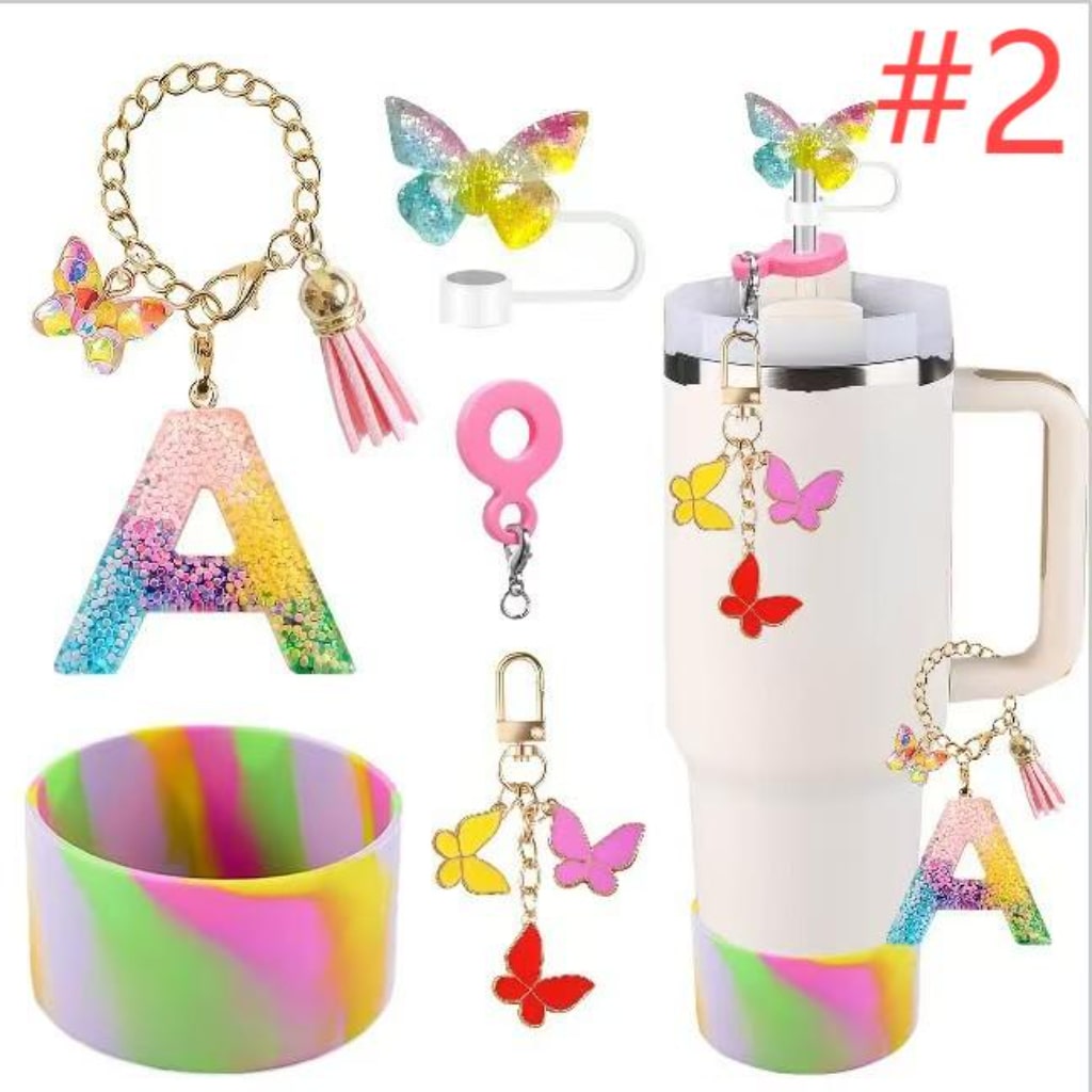Rainbow Stanley Cups Accessories With Straw Toppers & Butterfly Chains & Silicone cup holder & Letter Chains,5pcs one set