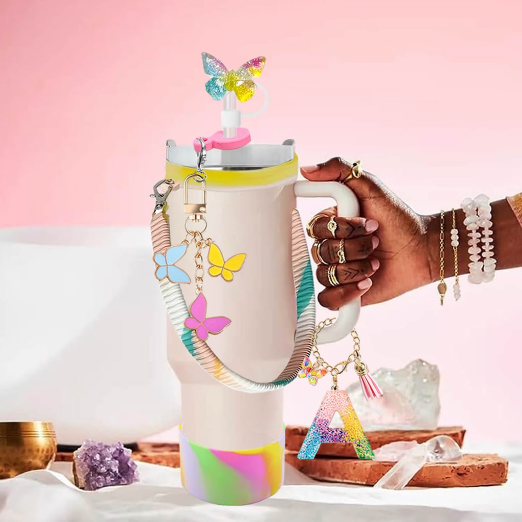Rainbow Stanley Cups Accessories With Straw Toppers & Butterfly Chains & Silicone cup holder & Letter Chains,5pcs one set