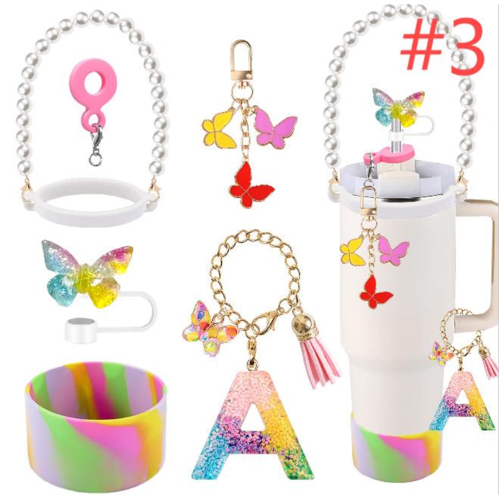 Rainbow Stanley Cups Accessories With Straw Toppers & Butterfly Chains & Silicone cup holder & Letter Chains,5pcs one set