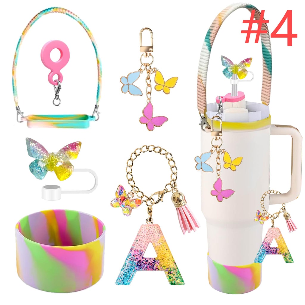 Rainbow Stanley Cups Accessories With Straw Toppers & Butterfly Chains & Silicone cup holder & Letter Chains,5pcs one set