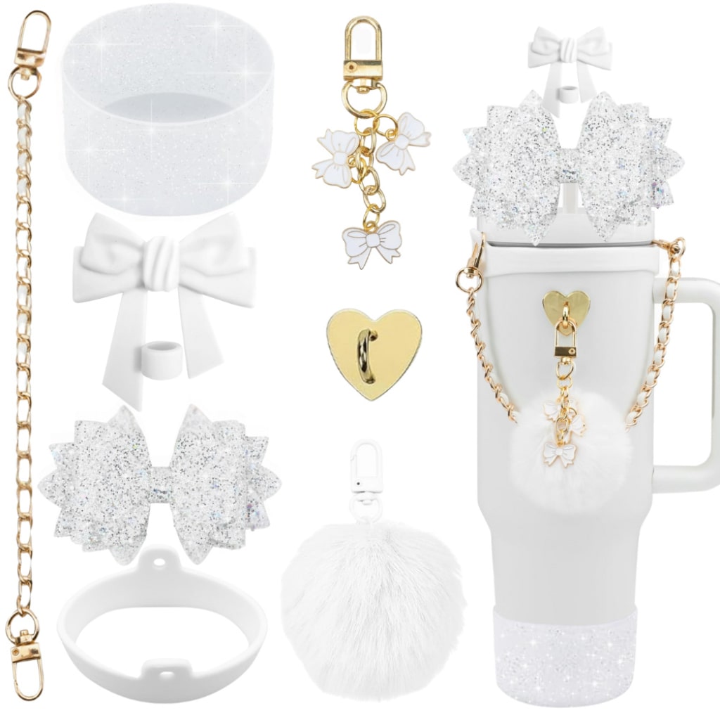 Rainbow Stanley Cups Accessories With Straw Toppers & Butterfly Chains & Silicone cup holder & Bowties,8pcs one set