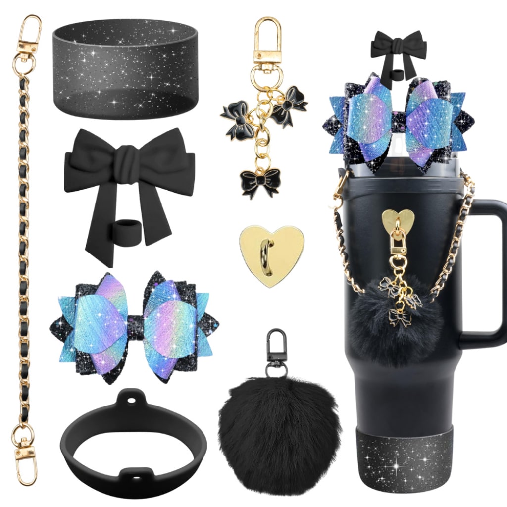 Rainbow Stanley Cups Accessories With Straw Toppers & Butterfly Chains & Silicone cup holder & Bowties,8pcs one set