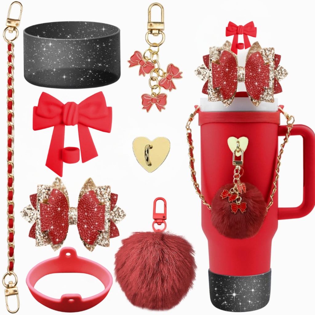 Rainbow Stanley Cups Accessories With Straw Toppers & Butterfly Chains & Silicone cup holder & Bowties,8pcs one set