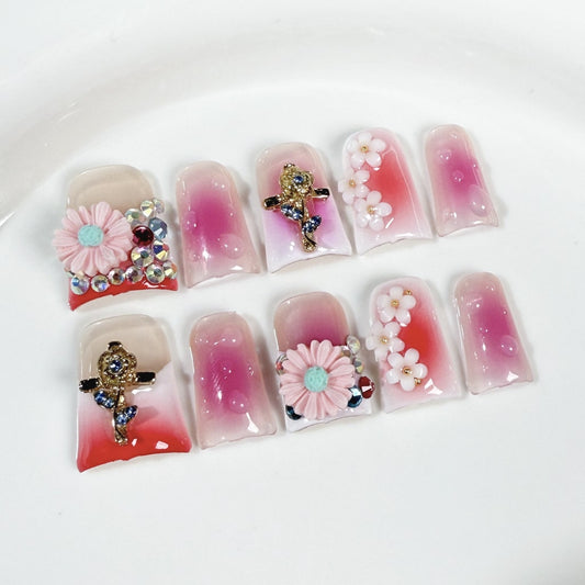 Pink Duck nails with Rhinestone, Flower & Cross Charms,Gradient & French Style,RJ