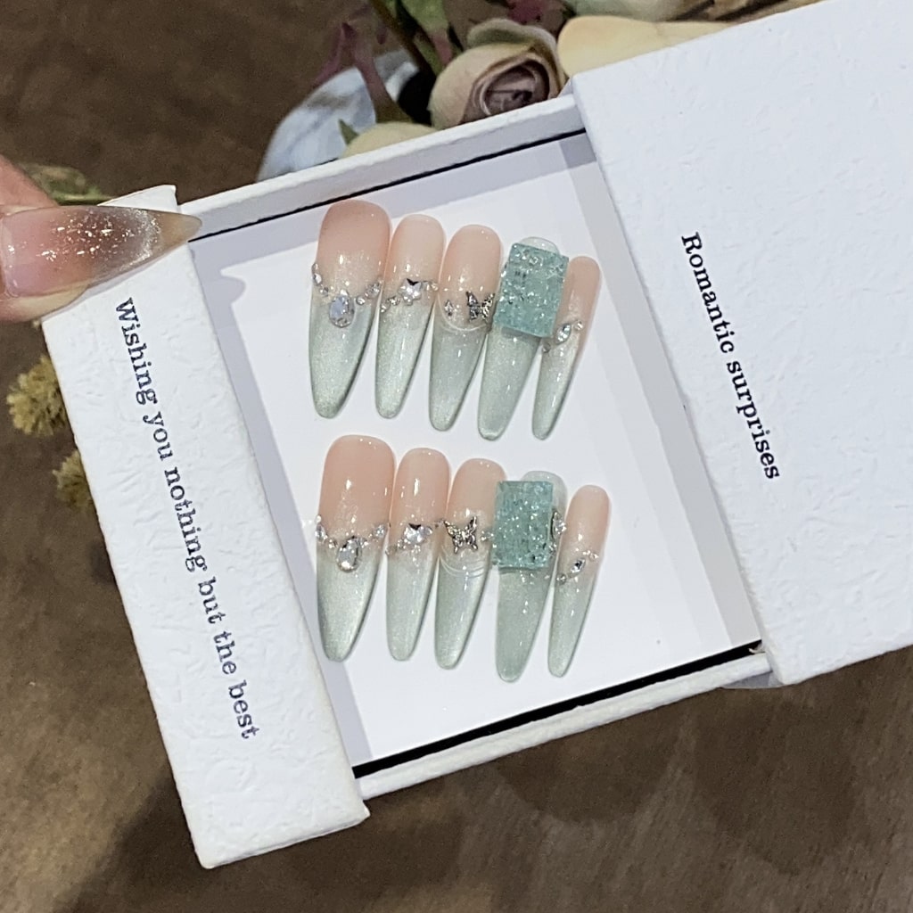 Spring Long-Thin nails with Rhinestone,Pearl,Butterfly Charms,Pink Green Gradient ,YZG