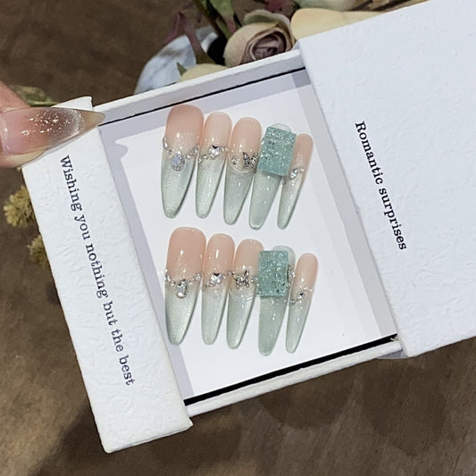 Spring Long-Thin nails with Rhinestone,Pearl,Butterfly Charms,Pink Green Gradient ,YZG