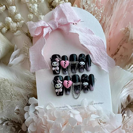 Cartoon KuKu Black nails with Heart Charms and Long Chains ,NK