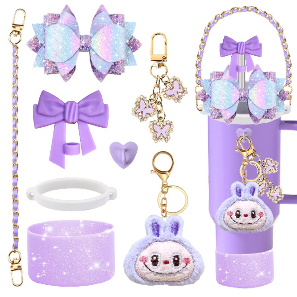Rainbow Stanley Cups Accessories With Straw Toppers & Butterfly Chains & Silicone cup holder & Bowties,8pcs one set