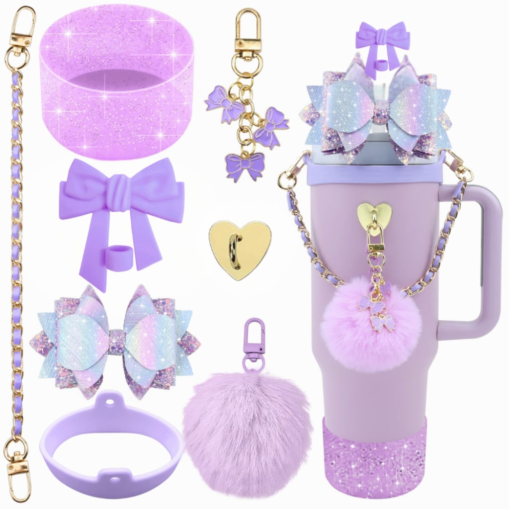 Rainbow Stanley Cups Accessories With Straw Toppers & Butterfly Chains & Silicone cup holder & Bowties,8pcs one set