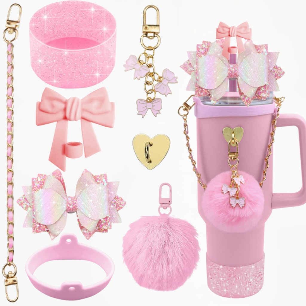 Rainbow Stanley Cups Accessories With Straw Toppers & Butterfly Chains & Silicone cup holder & Bowties,8pcs one set