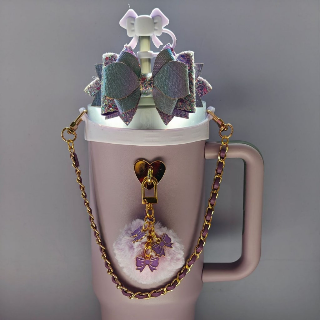 Rainbow Stanley Cups Accessories With Straw Toppers & Butterfly Chains & Silicone cup holder & Bowties,8pcs one set