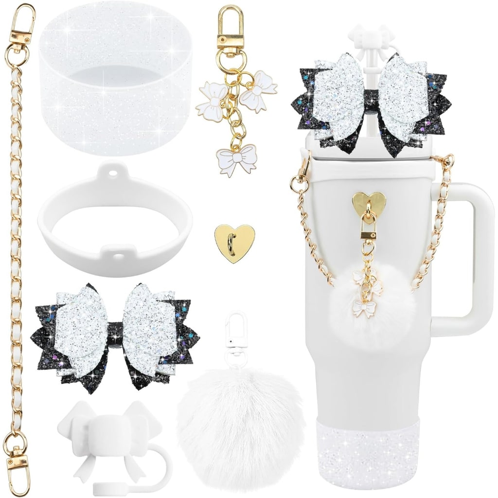 Rainbow Stanley Cups Accessories With Straw Toppers & Butterfly Chains & Silicone cup holder & Bowties,8pcs one set