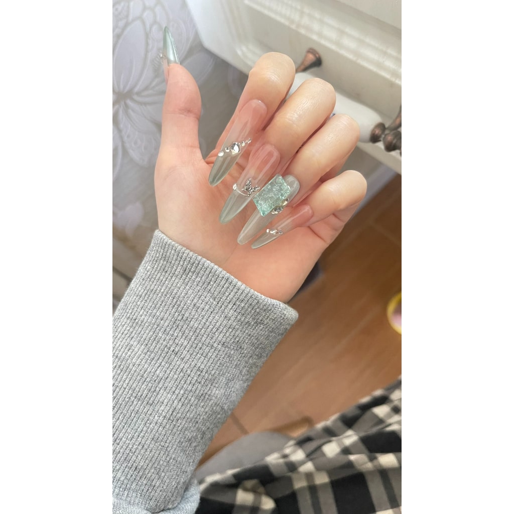 Spring Long-Thin nails with Rhinestone,Pearl,Butterfly Charms,Pink Green Gradient ,YZG