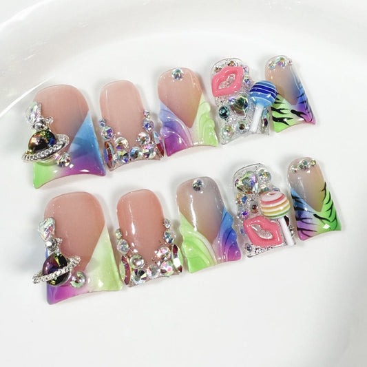 Mermaid Duck nails with Rhinestone & Lollipop & Lips Charms & Gradient & French Style,RJ