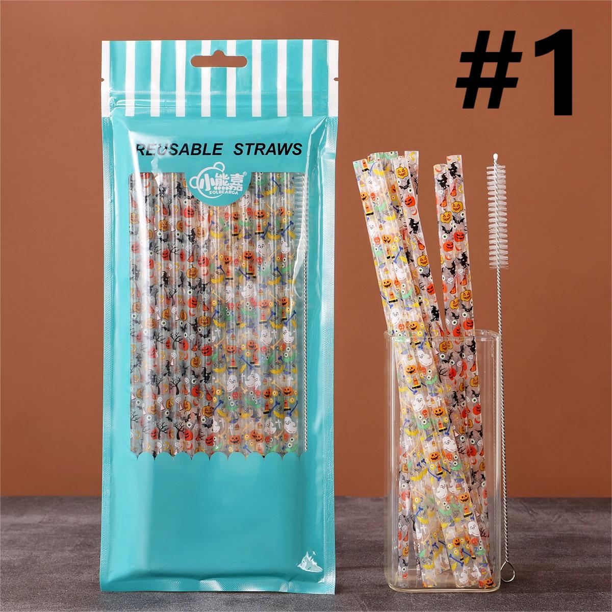 Cartoon Halloween Printed Reusable Straw, Random Mix,1 bag 12pcs with Straw Brush