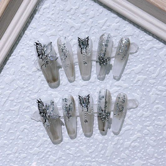 Butterfly Transparent nails with Silver Foil Inside and Little Pearls ,NK