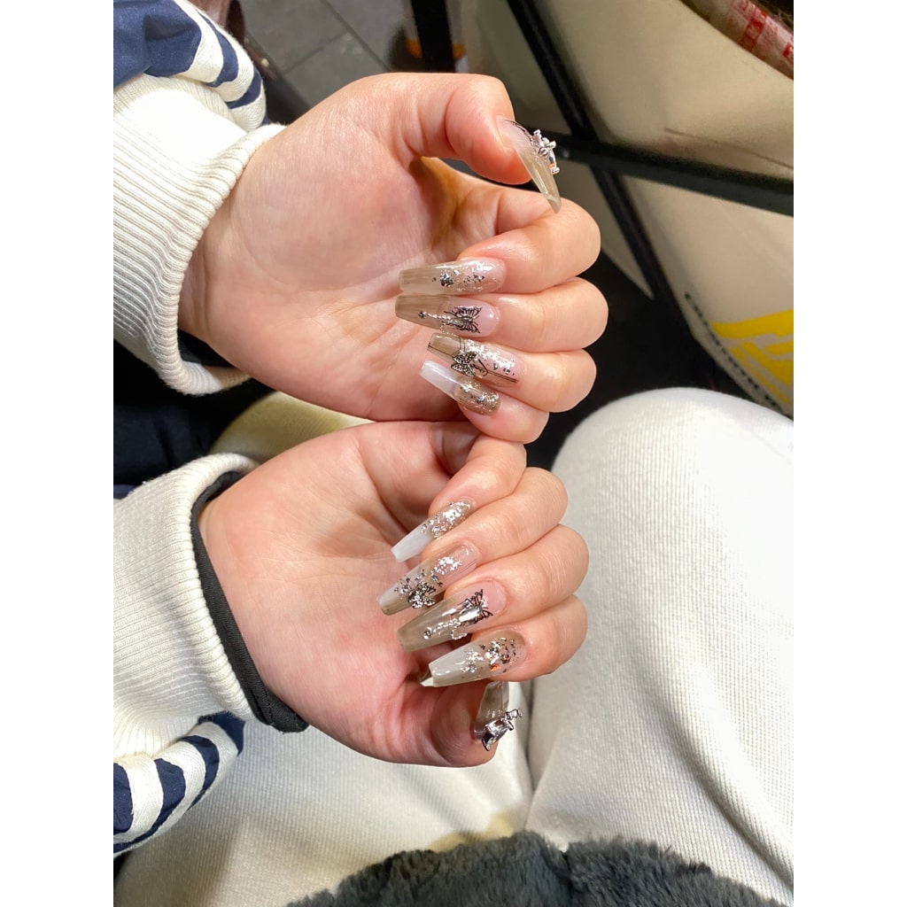 Butterfly Transparent nails with Silver Foil Inside and Little Pearls ,NK