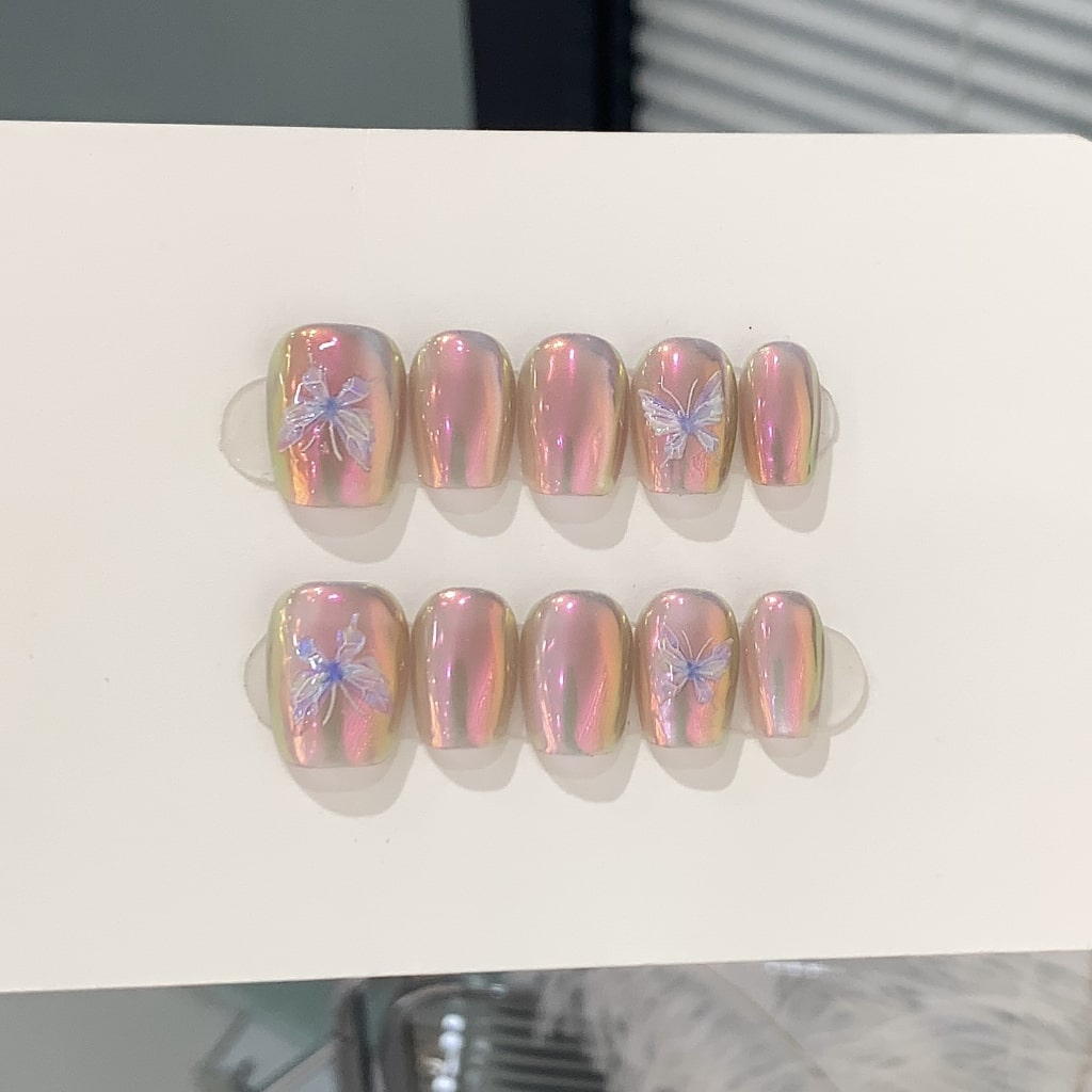 Pink Laser nails with Butterfly Design ,YZG
