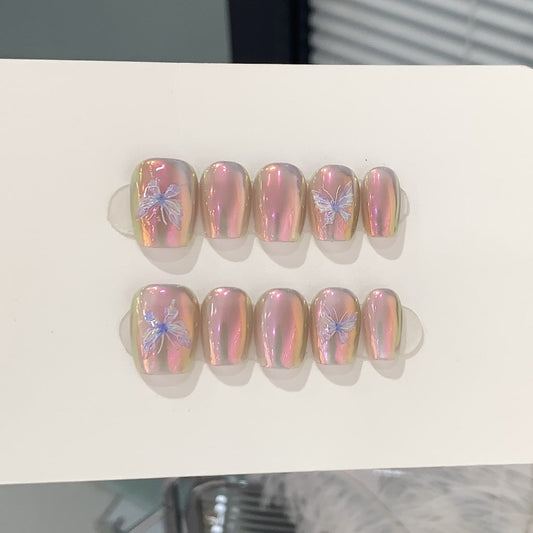 Pink Laser nails with Butterfly Design ,YZG